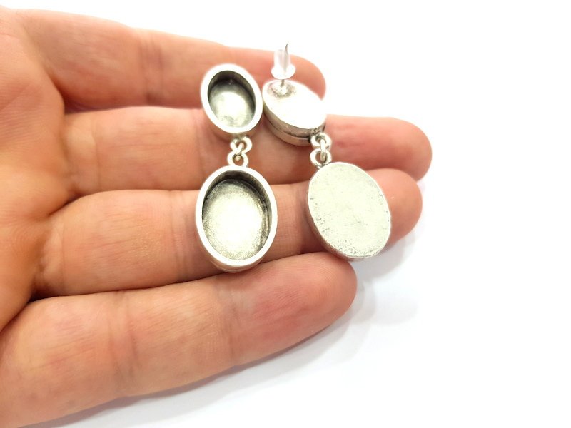 Earring Blank Base Settings Silver Resin Blank Cabochon Base inlay Blank Mountings Antique Silver Plated Metal (14x10+13x18mm) 1 Set  G14667