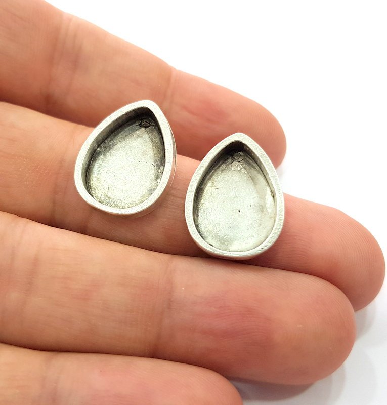 Earring Blank Base Settings Silver Resin Blank Cabochon Base inlay Blank Mountings Antique Silver Plated Metal (18x13mm blank) 1 Set  G17223