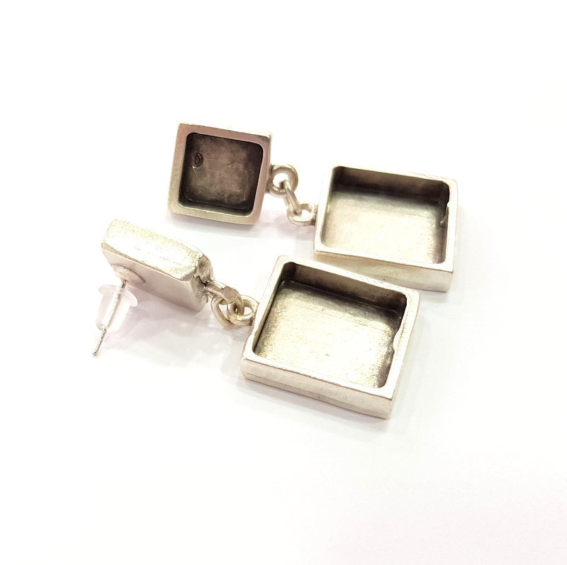 Earring Blank Base Settings Silver Resin Blank Cabochon Base inlay Blank Mountings Antique Silver Plated Metal (10x10+16x16mm) 1 pair G15405