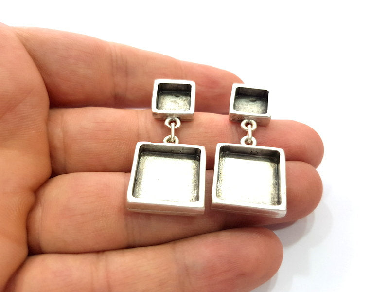 Earring Blank Base Settings Silver Resin Blank Cabochon Base inlay Blank Mountings Antique Silver Plated Metal (10x10+16x16mm) 1 pair G15405