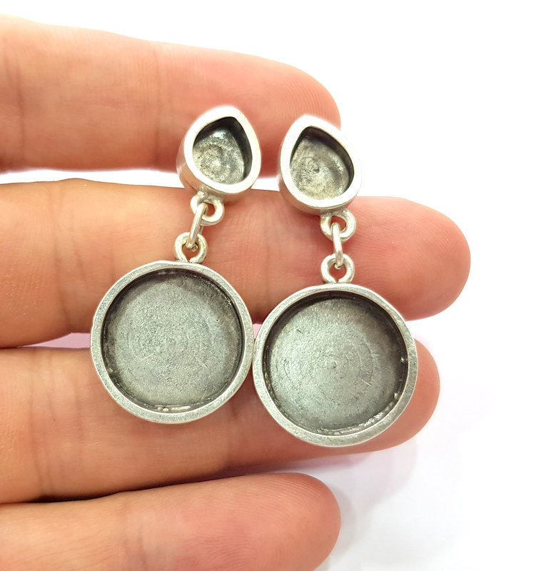 Earring Blank Base Settings Silver Resin Blank Cabochon Base inlay Blank Mountings Antique Silver Plated Metal (9x8+18mm) 1 Set  G15408