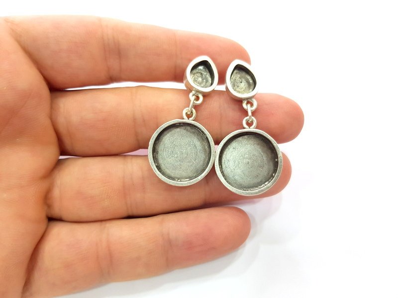 Earring Blank Base Settings Silver Resin Blank Cabochon Base inlay Blank Mountings Antique Silver Plated Metal (9x8+18mm) 1 Set  G15408