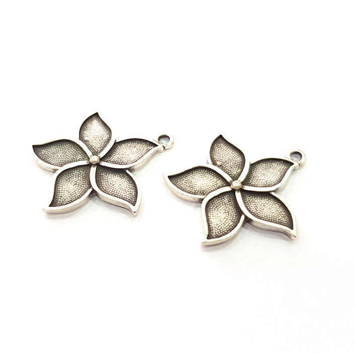 2 Flower Charm Silver Charms Antique Silver Plated Metal (30mm) G14682