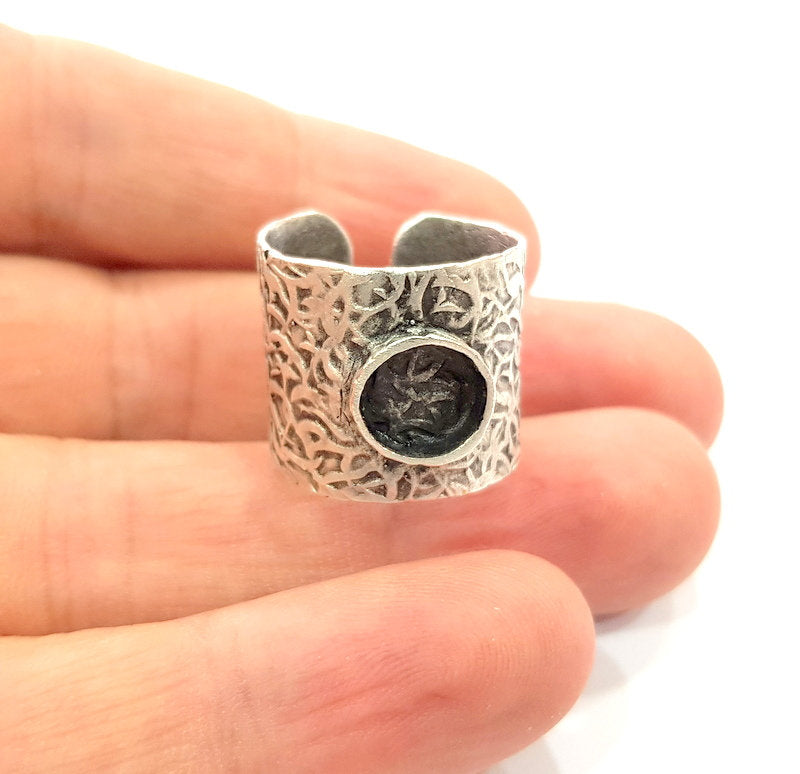 Silver Ring Setting Resin Ring Blank Cabochon Base inlay Ring Mounting Adjustable Ring Base Bezel (8 mm) Antique Silver Plated Brass  G16288