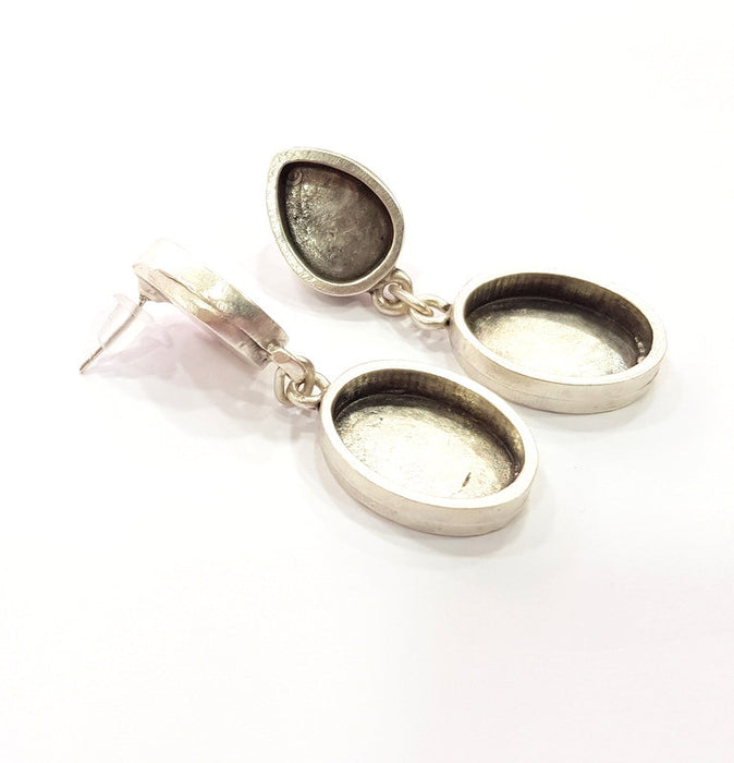 Earring Blank Base Settings Silver Resin Blank Cabochon Base inlay Blank Mountings Antique Silver Plated Metal (13x10+17x13mm) 1 Set  G14655