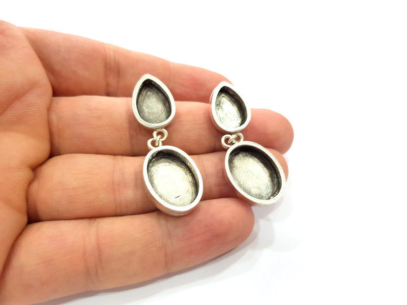 Earring Blank Base Settings Silver Resin Blank Cabochon Base inlay Blank Mountings Antique Silver Plated Metal (13x10+17x13mm) 1 Set  G14655