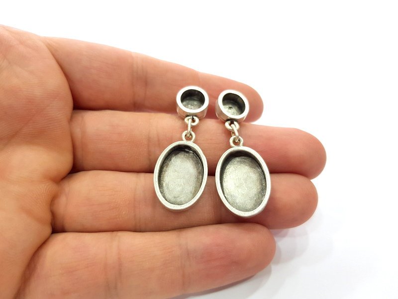 Earring Blank Base Settings Silver Resin Blank Cabochon Base inlay Blank Mountings Antique Silver Plated Metal (18x13+10x8mm ) 1 Set  G14648