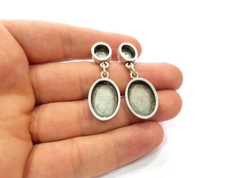 Earring Blank Base Settings Silver Resin Blank Cabochon Base inlay Blank Mountings Antique Silver Plated Metal (18x13+10x8mm ) 1 Set  G14648