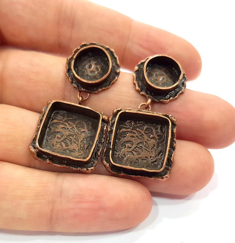 Earring Blank Base Settings Copper Resin Blank Cabochon Base inlay Mountings Antique Copper Plated Brass (10mm+15mm blank) 1 Set G14778