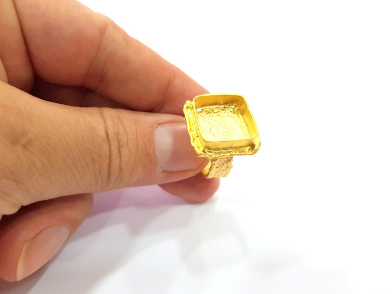 Gold Ring Settings Blank inlay Ring Mosaic Ring Bezel Base Cabochon Mountings Adjustable (15mm blank ) Gold Plated Brass G14835