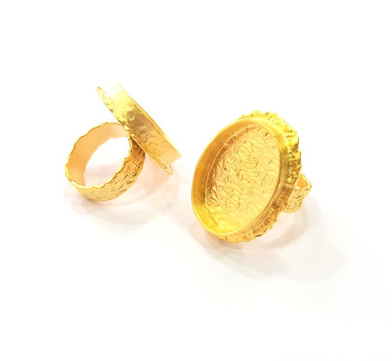 Gold Ring Settings Blank inlay Ring Mosaic Ring Bezel Base Cabochon Mountings Adjustable (25x18mm blank ) Gold Plated Brass G14858