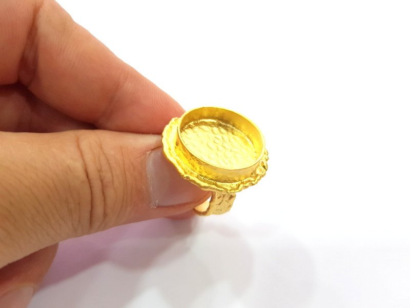 Gold Ring Settings Blank inlay Ring Mosaic Ring Bezel Base Cabochon Mountings Adjustable (20mm blank ) Gold Plated Brass G14859