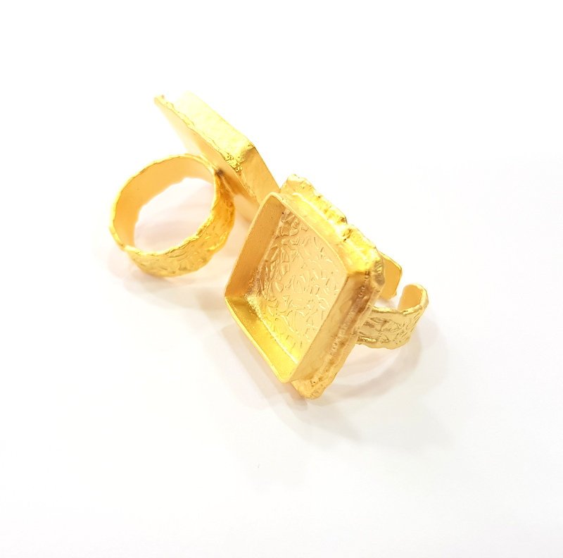 Gold Ring Settings Blank inlay Ring Mosaic Ring Bezel Base Cabochon Mountings Adjustable (20mm blank ) Gold Plated Brass G14860