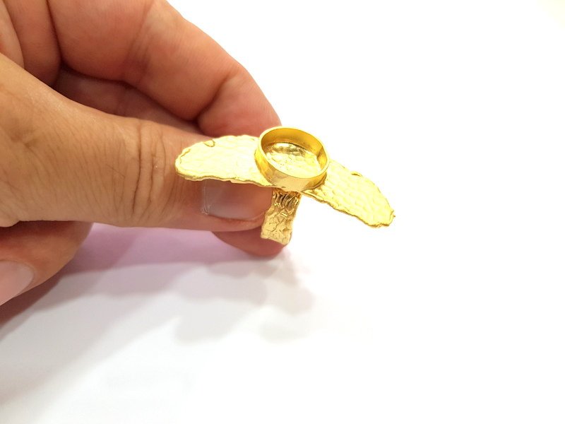 Gold Ring Settings Blank inlay Ring Mosaic Ring Bezel Base Cabochon Mountings Adjustable (14mm blank ) Gold Plated Brass G14861