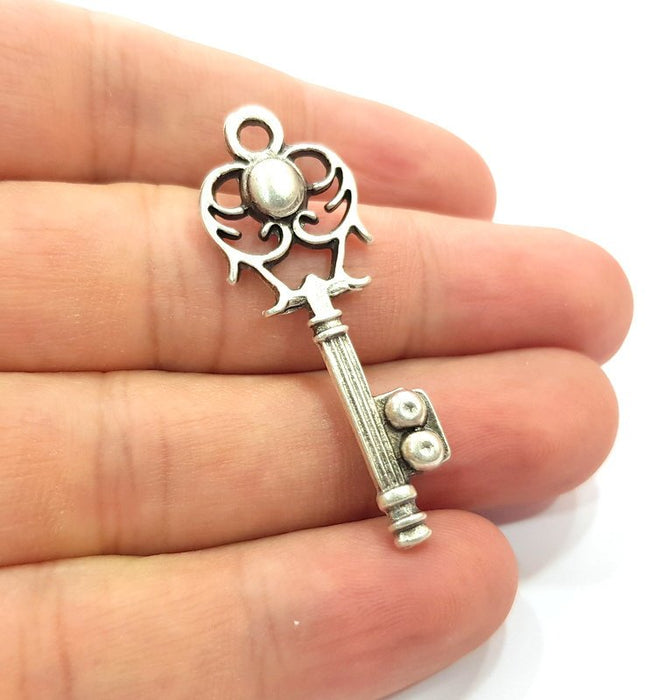 2 Key Charm Antique Silver Plated Pendants  (46x16 mm)  G15397