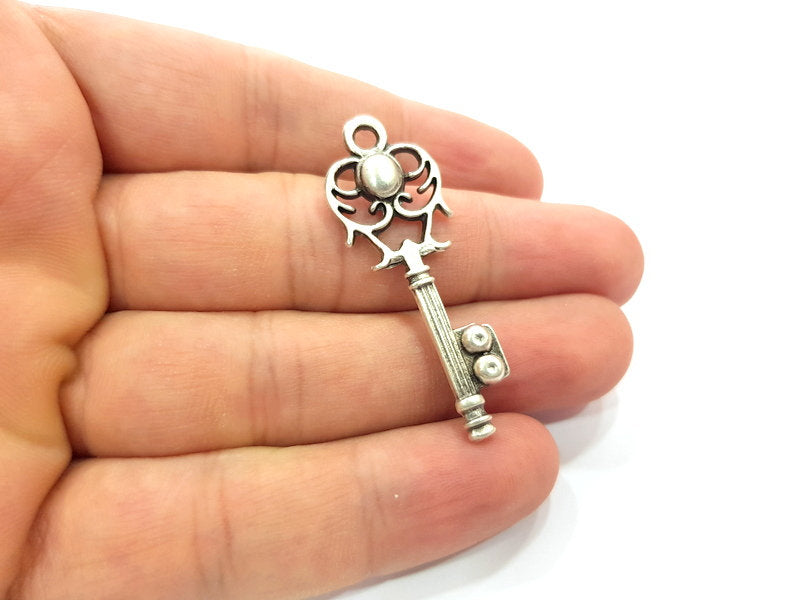 2 Key Charm Antique Silver Plated Pendants  (46x16 mm)  G15397