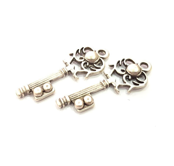 2 Key Charm Antique Silver Plated Pendants  (46x16 mm)  G15397
