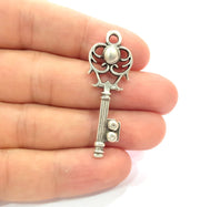 2 Key Charm Antique Silver Plated Pendants  (46x16 mm)  G15397