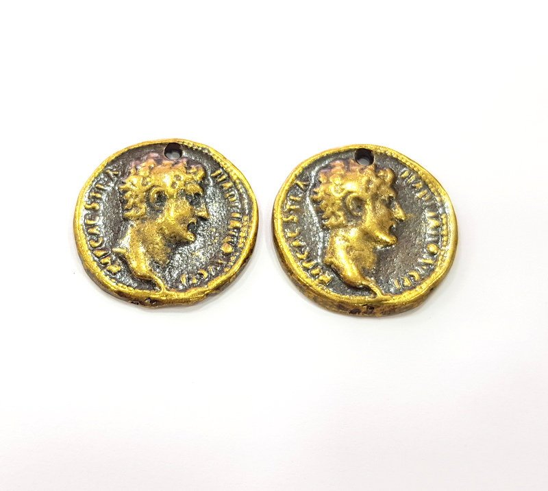 2 Antique Coin Charm Antique Bronze Charm Antique Bronze Plated Metal  (25mm) G14963