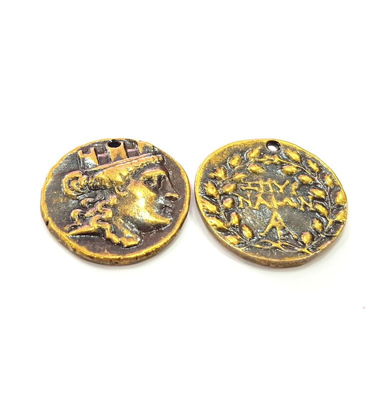 2 Antique Coin Charm Antique Bronze Charm Antique Bronze Plated Metal  (28mm) G14979