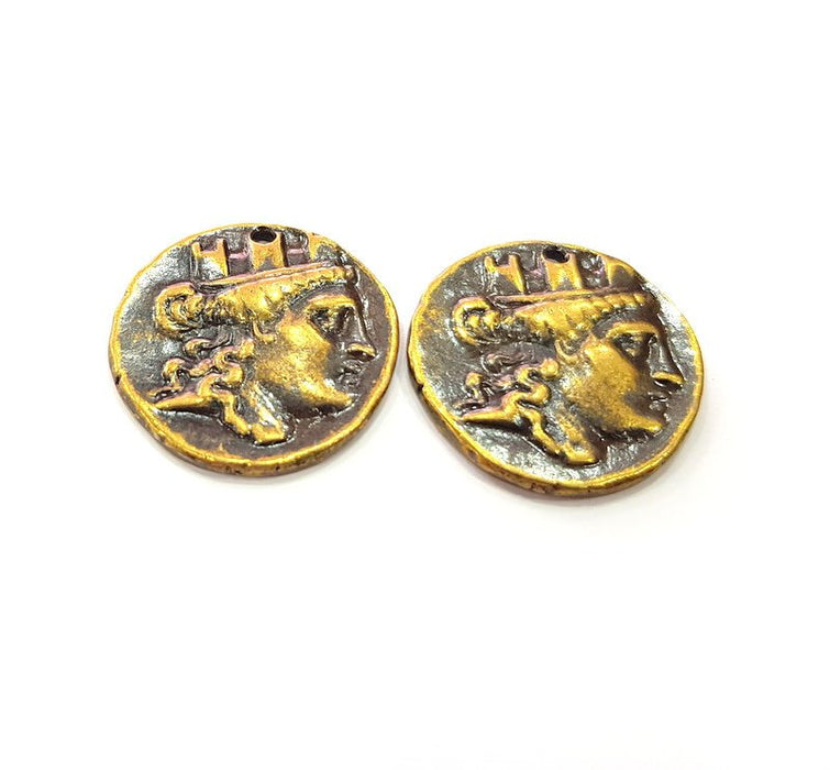 2 Antique Coin Charm Antique Bronze Charm Antique Bronze Plated Metal  (28mm) G14979