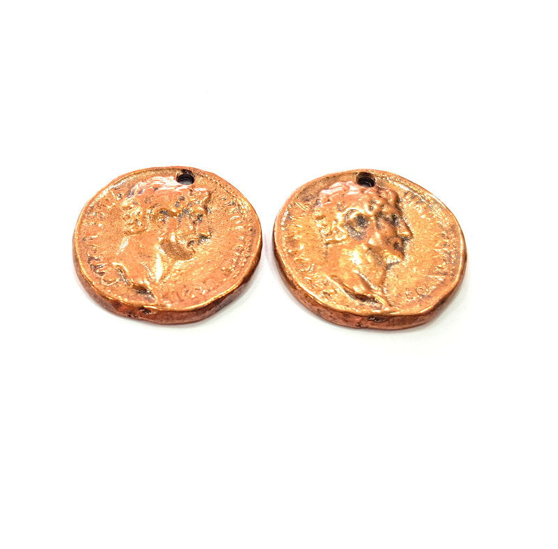 2 Copper Coin Charm Antique Copper Charm Antique Copper Plated Metal  (25mm) G14985