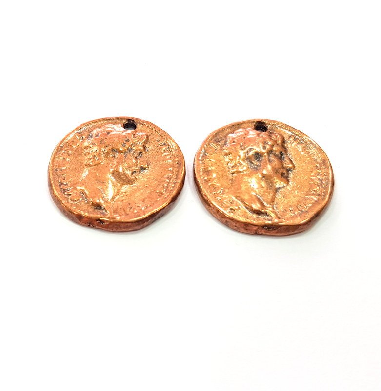 2 Copper Coin Charm Antique Copper Charm Antique Copper Plated Metal  (25mm) G14985