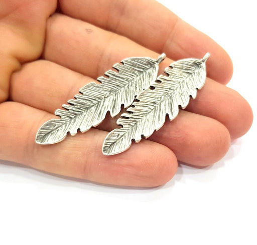 2 Feather Charm Silver Charm Antique Silver Plated Metal (50x13 mm)  G15229