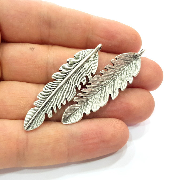 2 Feather Charm Silver Charm Antique Silver Plated Metal (50x13 mm)  G15229