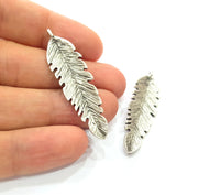 2 Feather Charm Silver Charm Antique Silver Plated Metal (50x13 mm)  G15229