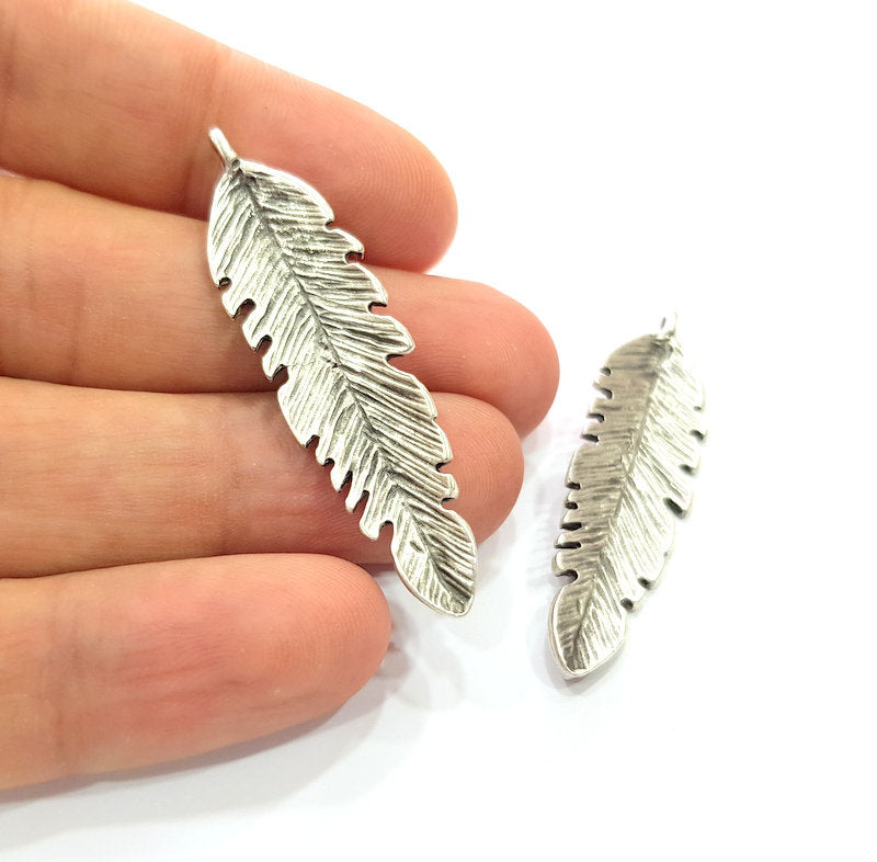 2 Feather Charm Silver Charm Antique Silver Plated Metal (50x13 mm)  G15229