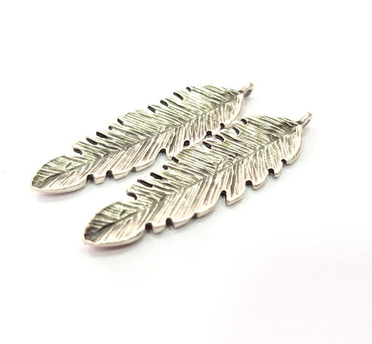 2 Feather Charm Silver Charm Antique Silver Plated Metal (50x13 mm)  G15229