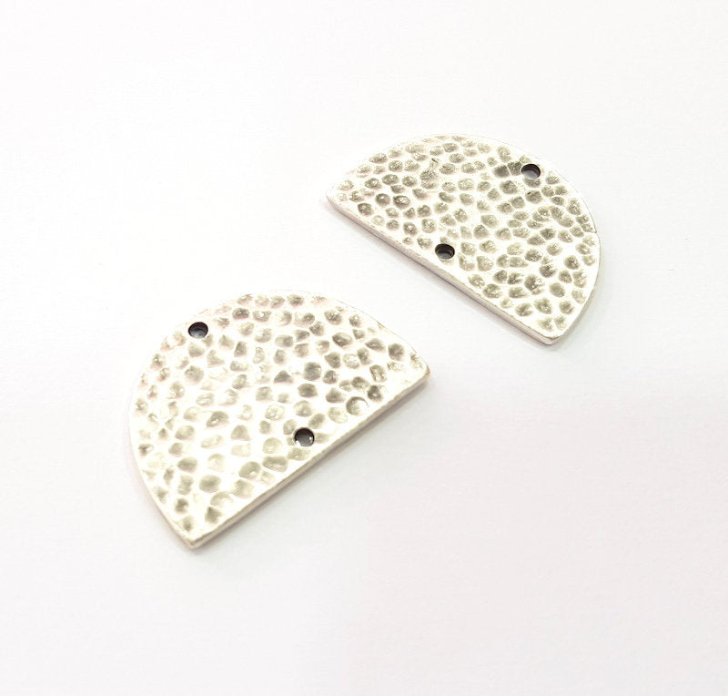 2 Hammered Semi Circle Charm Half Moon Connector Antique Silver Plated Metal (30x20 mm)  G15230