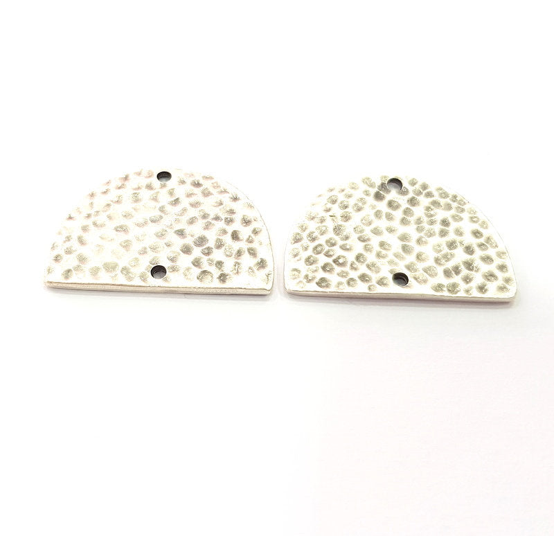 2 Hammered Semi Circle Charm Half Moon Connector Antique Silver Plated Metal (30x20 mm)  G15230