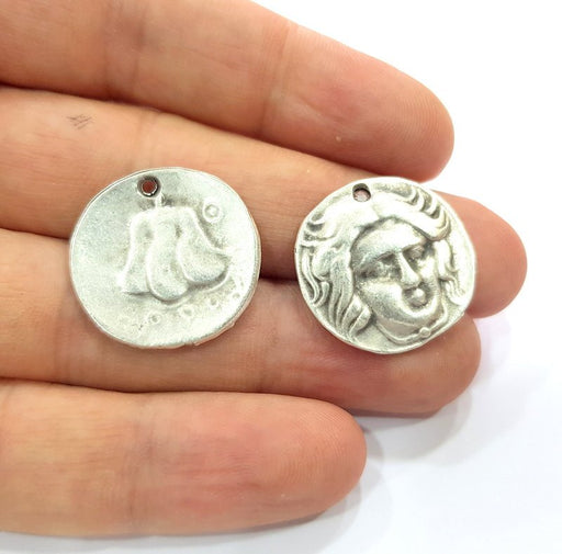 2 Coin Charm Silver Charm Antique Silver Plated Metal (24 mm)  G15241