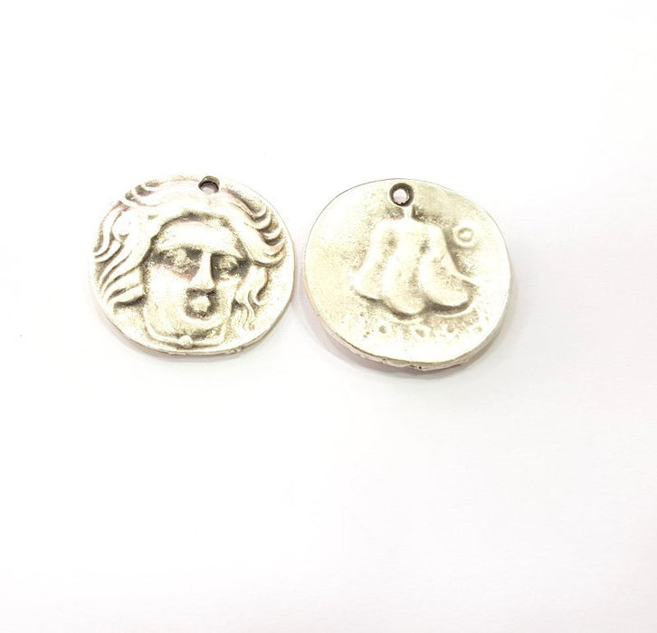 2 Coin Charm Silver Charm Antique Silver Plated Metal (24 mm)  G15241