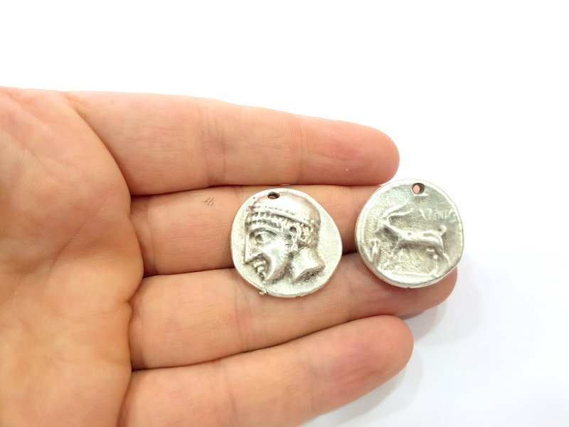 2 Coin Charm Silver Charm Antique Silver Plated Metal (25 mm)  G15247