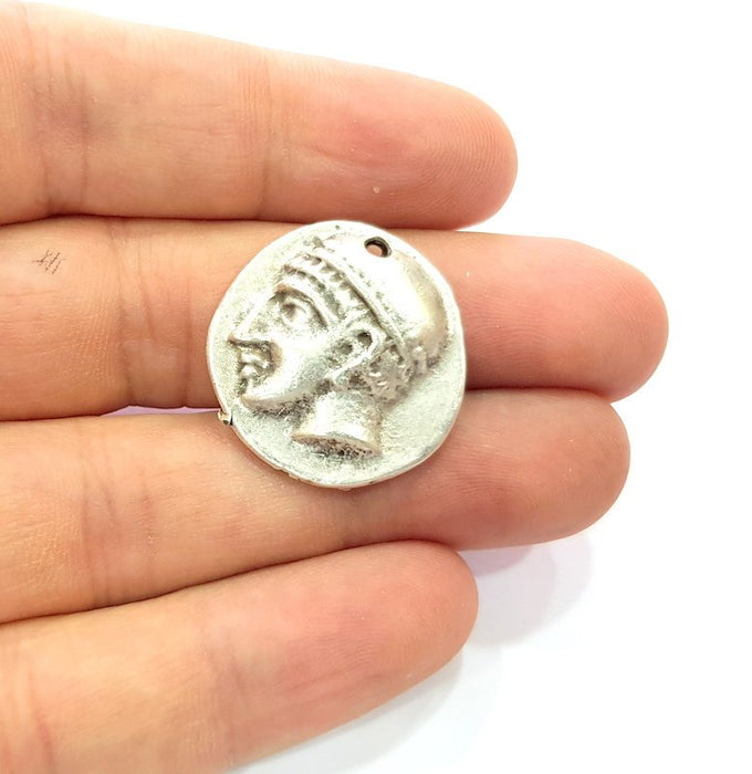 2 Coin Charm Silver Charm Antique Silver Plated Metal (25 mm)  G15247