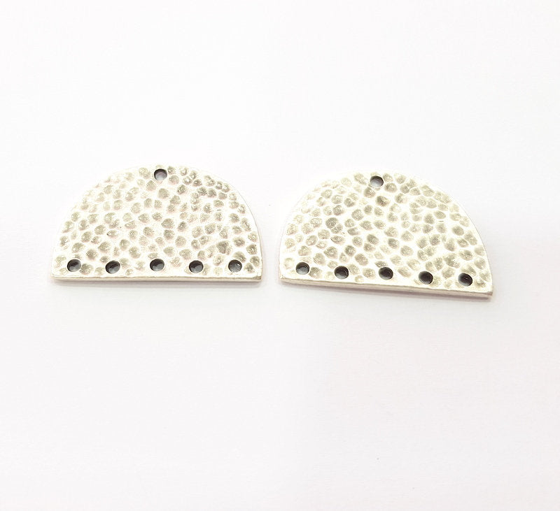 2 Hammered Semi Circle Charm Half Moon Connector Antique Silver Plated Metal (30x20 mm)  G15357