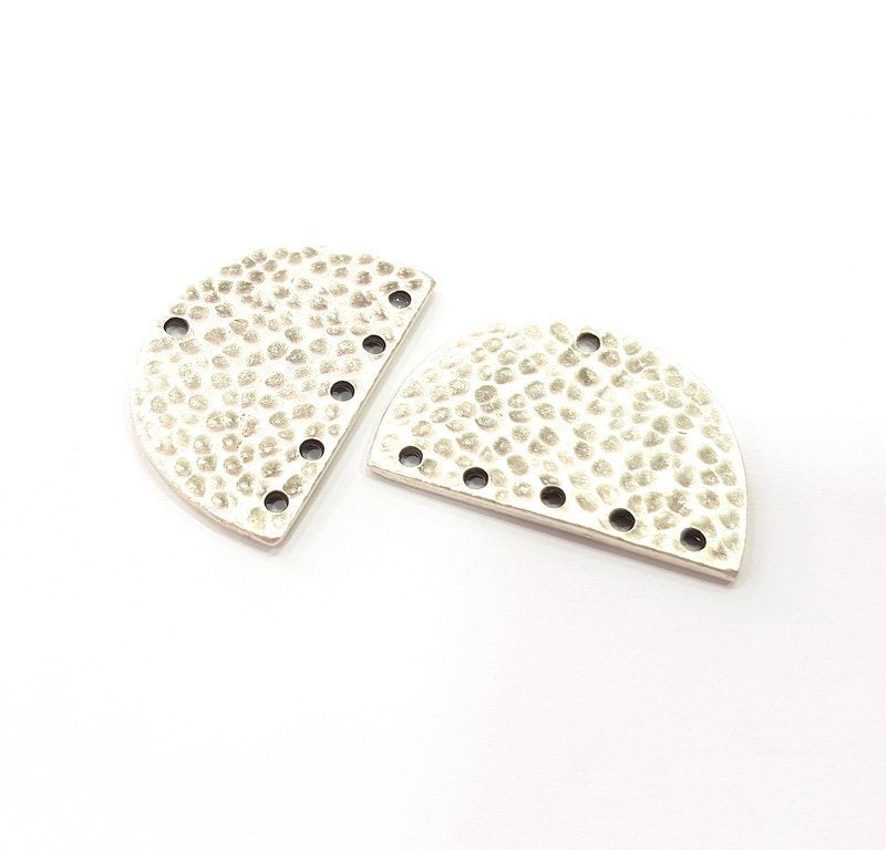 2 Hammered Semi Circle Charm Half Moon Connector Antique Silver Plated Metal (30x20 mm)  G15357