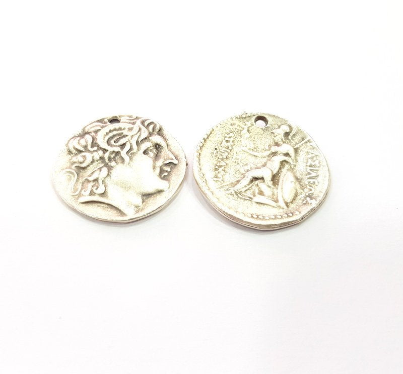 2 Coin Charm Silver Charm Antique Silver Plated Metal (28 mm)  G15254