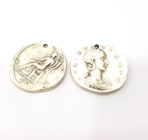 2 Coin Charm Silver Charm Antique Silver Plated Metal (29 mm)  G15258