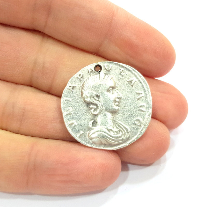 2 Coin Charm Silver Charm Antique Silver Plated Metal (29 mm)  G15258