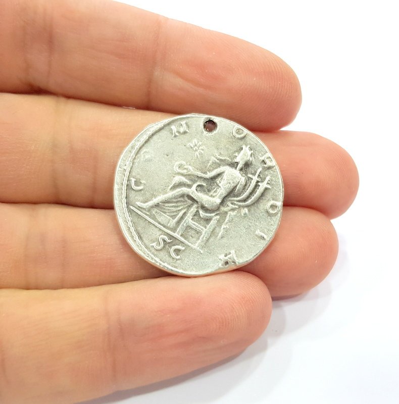 2 Coin Charm Silver Charm Antique Silver Plated Metal (29 mm)  G15258