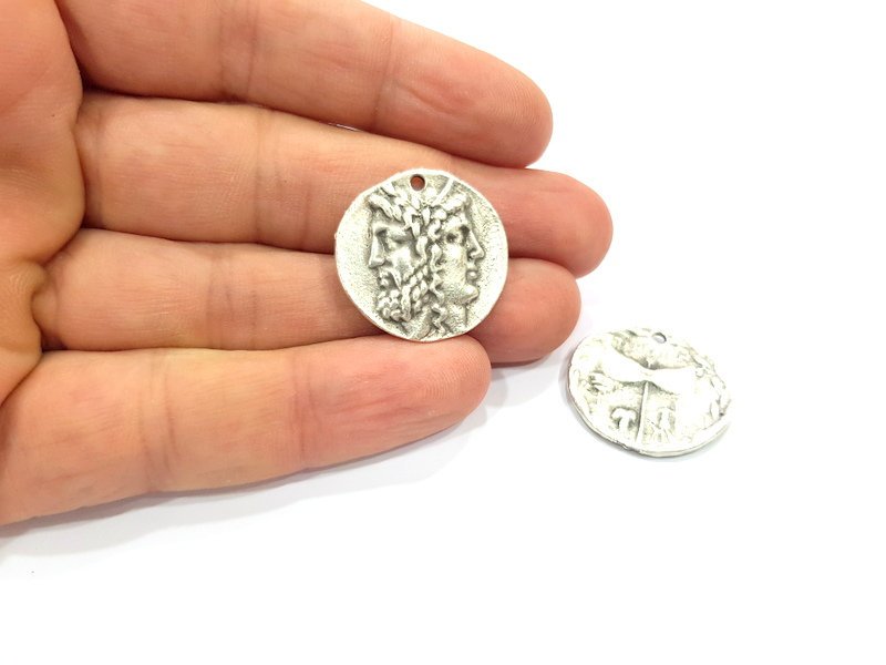 2 Coin Charm Silver Charm Antique Silver Plated Metal (25 mm)  G15262