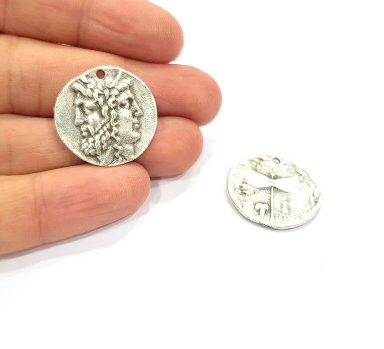 2 Coin Charm Silver Charm Antique Silver Plated Metal (25 mm)  G15262