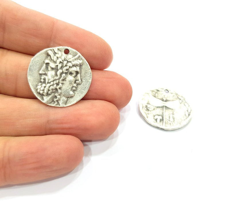 2 Coin Charm Silver Charm Antique Silver Plated Metal (25 mm)  G15262