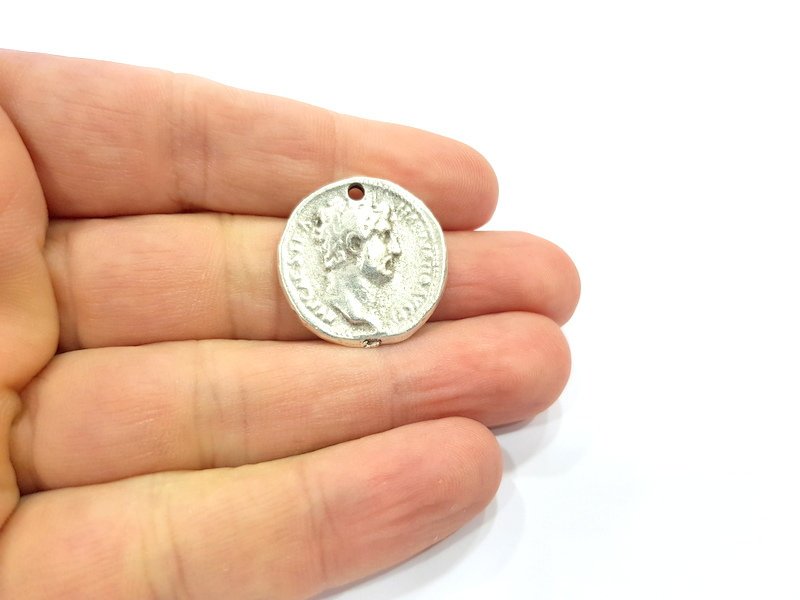 2 Coin Charm Silver Charm Antique Silver Plated Metal (25 mm)  G15266