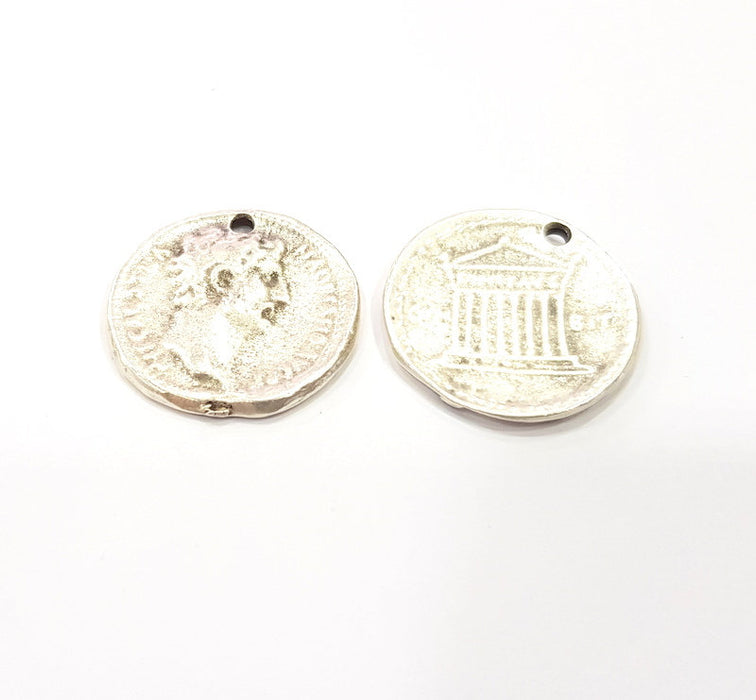 2 Coin Charm Silver Charm Antique Silver Plated Metal (25 mm)  G15266