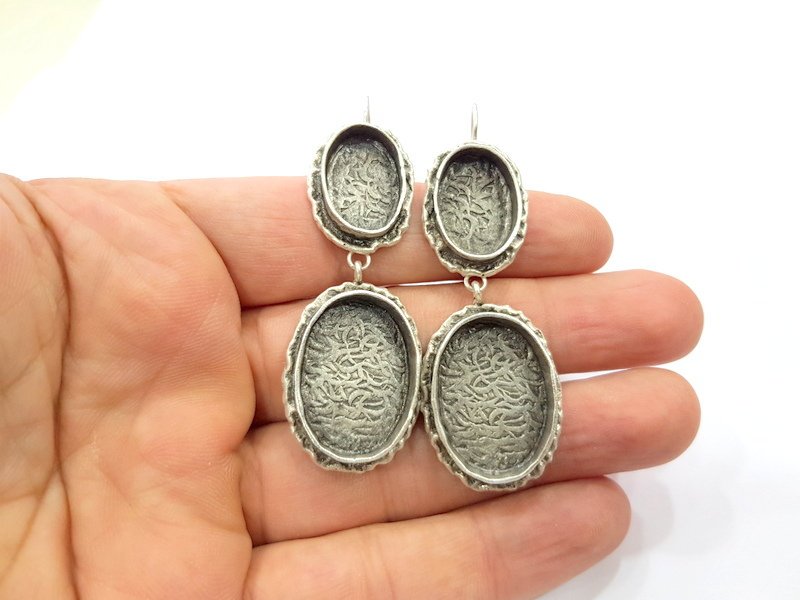 Earring Blank Base Settings Silver Resin Cabochon Base inlay Blank Mountings Antique Silver Plated Brass (25x18+18x13mm blank) 1 pair G15267